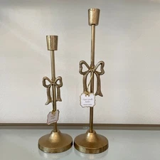 Set of 2 Gold Metal Bow Taper Candle Holders 15in & 12in Made in India NEW