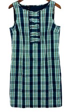 Talbots Womens Green Plaid Shift Dress Size 8 Sleeveless Preppy Ruffle Office