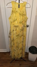 Candalite Yellow Floral Maxi Dress Round Neck Sleeveless Mesh Pleated Layered L