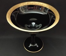 1920's TIFFIN Black Amethyst Glass Pedestal Console Bowl22k Gold Encrusted Rim