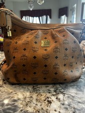 Authentic MCM Visetos Shoulder Bag Lock Key Gold Hardware Logo Studded Designer