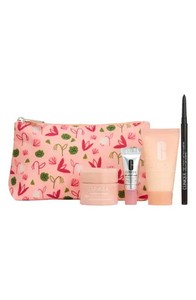 CLINIQUE 5 PIECE PEACH WITH RED, WHITE & GREEN FLOWERS KIT, NEW, MINT!