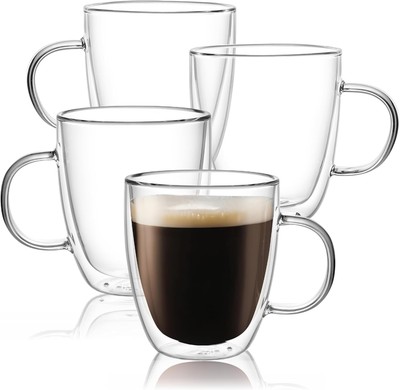 CNGLASS Large Glass Coffee Mugs 17oz,Double Walled Insulated 17oz, 4-Pack 