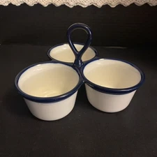 Three Compartment Condiment Bowls With Handle White with Blue Trim
