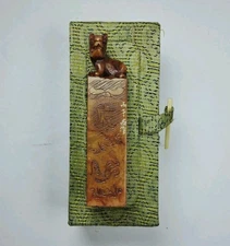 Chinese Shoushan Stone Seal In Original Case Tiger Lion Foo Dog Etched