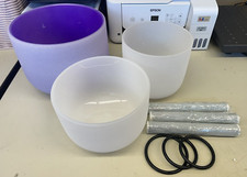 Set of 3 Chakra Frosted Quartz Crystal Singing Bowls 10", 8", 7" at 440Hz