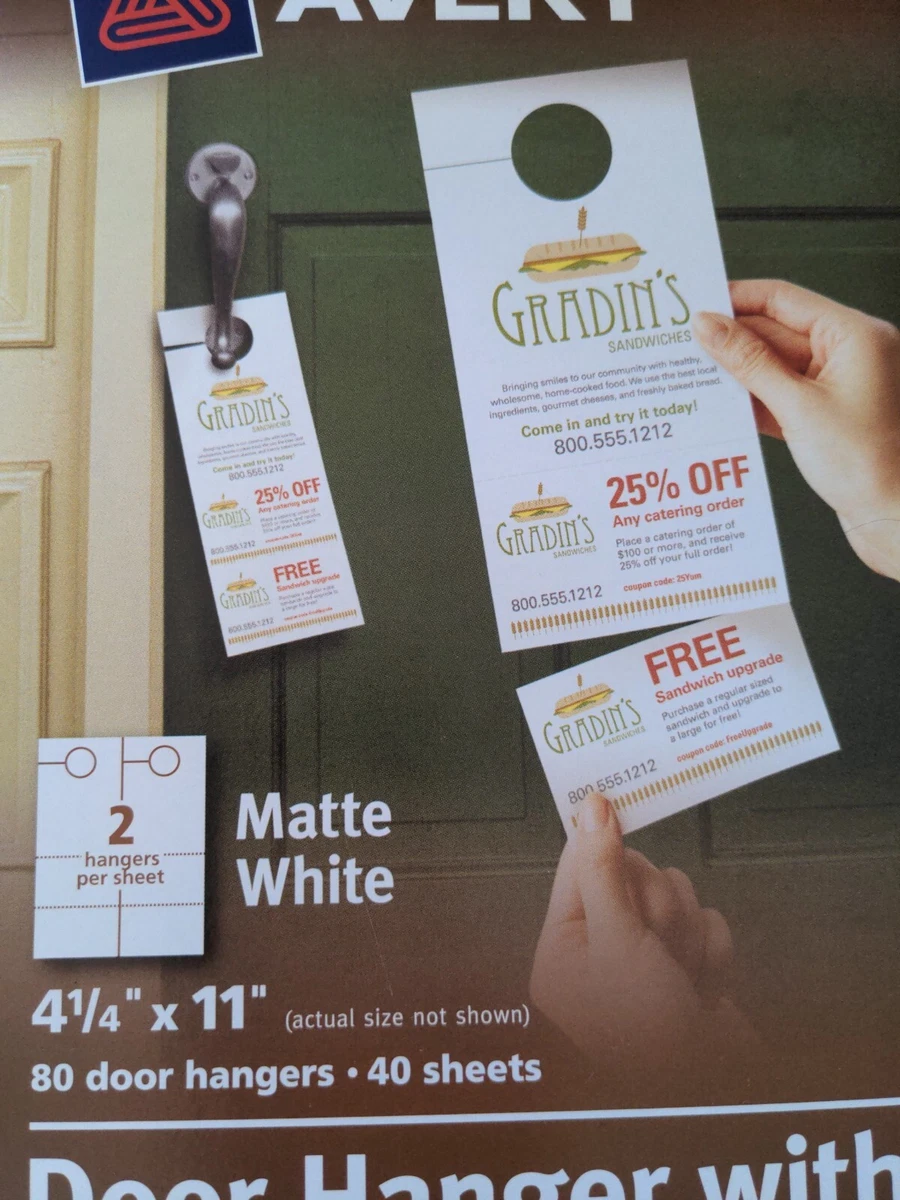 Avery(R) Door Hangers with Tear-Away Cards, 4-1/4 x 11, Matte White, 80  Blank Door Hangers (16150)