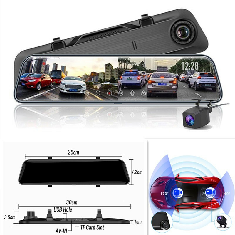 12in Touch Screen Car DVR Rear View Mirror 1080P Camera Dual Lens Video Recorder