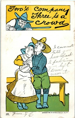 EARLY 1906 COMIC POSTCARD TWO'S COMPANY THREE IS A CROWD UDB ANTIQUE CARD C8