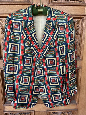 Mod 60s Bright Patchwork Batik Style Sz 46 Vintage Preppy Palm Springs Blazer