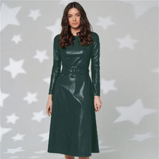 New Belt Faux Leather Dresses Women Long Sleeve Slim Fit PU Dress Sexy Club Wear