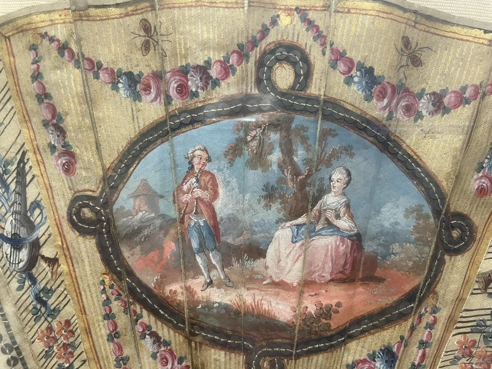 Antique FRENCH HAND PAINTED paper FAN ETCHED MOTHER OF PEARL 1800s - Image 3 of 4