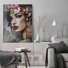 Floral Woman Framed Canvas Stretched Ready to Hang 50x40 Home decor Gift.