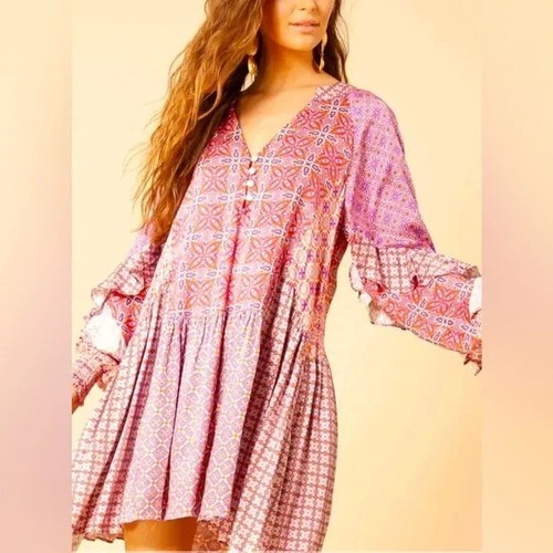 Hale Bob Emalee Ruffled Printed Boho Mini Dress - Pink NWOT Size S $360 - Picture 3 of 10