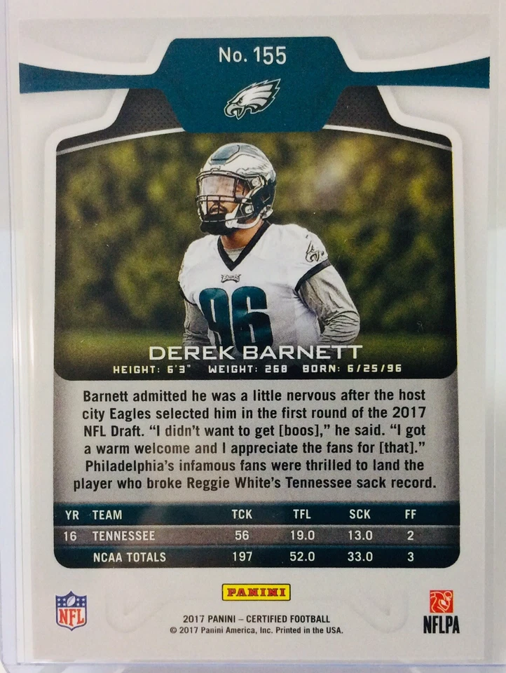 2017 Panini CERTIFIED Football #155 DEREK BARNETT (RC) Mirror Red #d 7/99 EAGLES - Image 4 of 4