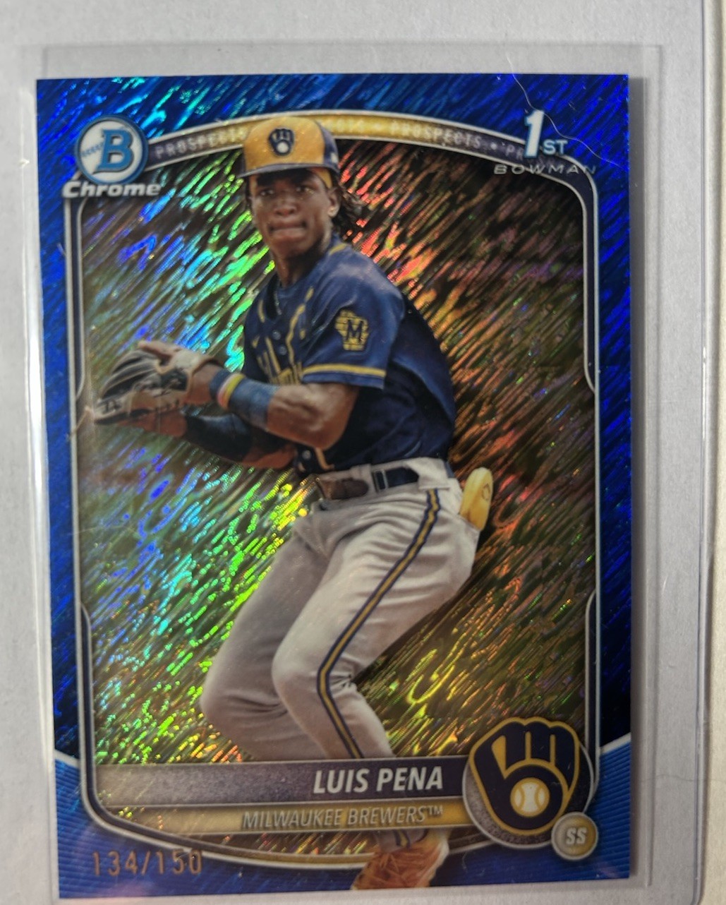 2025 Bowman Chrome 1st Luis Pena Blue Shimmer Refractor /150 Rookie Brewers SP
