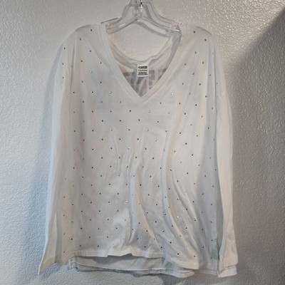 Victoria s Secret PINK white with silver bling V-neck Stretch LS t-shirt XL