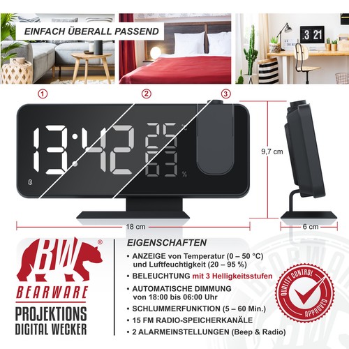 Bearware Projektions Wecker 7 Tasten 2 Weckalarme Snooze LED 15 FM Speicher TOP - Bild 2 von 6