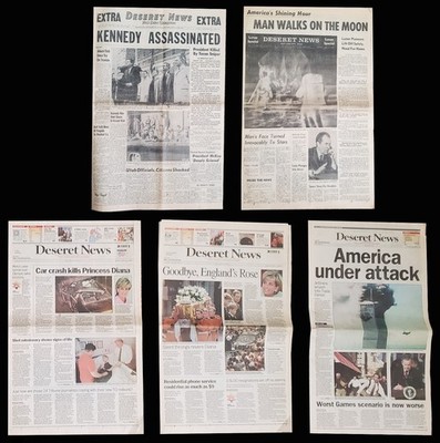 5 - Deseret News Historic Newspaper Lot JFK-Moon Landing-Diana-9/11 Headlines