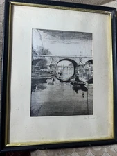 Vintage "Pont Neuf" Etching On Silk - Signed And Framed