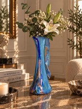 Vase Gérard Torcheux signé – Verre soufflé bleu – Inclusion or & mica