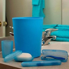 Blue Plastic Travel Bathroom Toiletries Set Soap Toothbrush Holders Cup 5 Pc