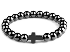 Hematite Stretch Bracelet with Cross 8.3 inches