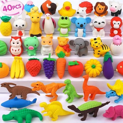40 Pcs Animal Erasers Desk Pet for Kids 3D Puzzle Pencil Eraser Treasure Box Toy