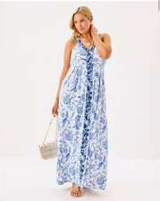 NWT 14 Lilly Pulitzer Carmilla Maxi Dress Barefoot Beachcombers Blue Resort Whit