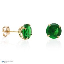 14K Yellow Gold 2Ct Round May Birthstone Simulated Emerald Stud Earrings