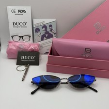 Duco Vintage Oval Sunglasses Womens Gunmetal Blue Cat Eye NEW Box Accessories