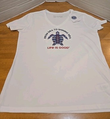 Life Is Good Ladies S V-Neck T-shirt From Sea To Shining Sea NWT USA Patriotic 