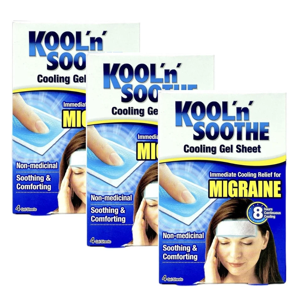 Kool n Soothe Cooling Migraine Headache Pain Relief Gel Sheets 12 Pads 3 boxes