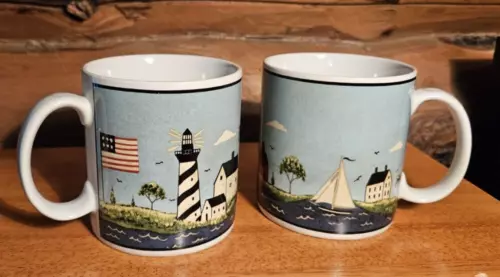 2 Sakura Warren Kimble Coastal Breeze Coffee Mugs Cups Lighthouse