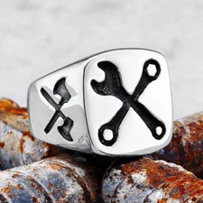 VINTAGE CROSS WRENCH AXES SIGNET RING, STAINLESS STEEL, SOLID BACK, SIZE 7-13