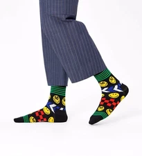 HAPPY SOCKS X SMILEY SNEAKER SOCKS 3/4 CREW SMILEY STRIPES SMILEY & ANDRE OS NWT