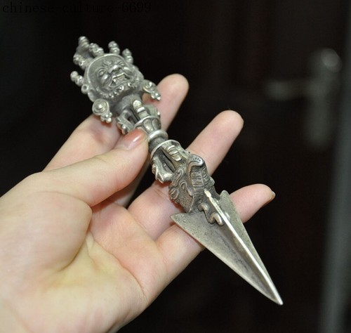 Tibetan Buddhism temple Tibetan silver Mahakala Tantra Vajra Dorje Phurba dagger - Picture 12 of 12