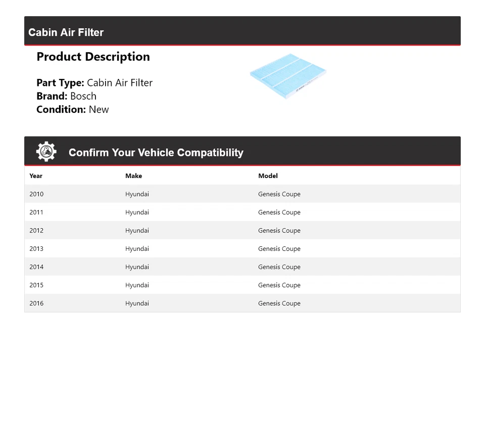 For 2010-2016 Hyundai Genesis Coupe Bosch Cabin Air Filter 2011 2012 2013 2014 - Image 2 of 4