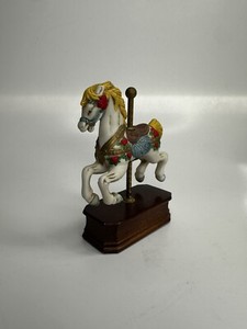 Carousel Horse W/ Wood Base, Cream, Yellow Mane, Roses, and Blue Scale