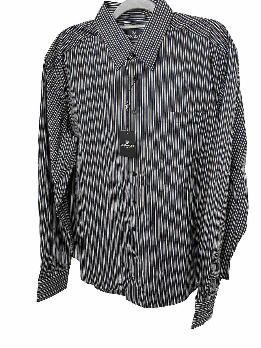 Bugatchi Uomo Mens Dress Shirt Button Black Striped Big Tall Size Xl