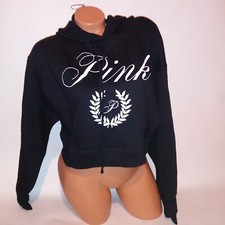 Victoria Secret PINK Crop Hoodie Black White Logo Hooded Long Sleeve Pullover