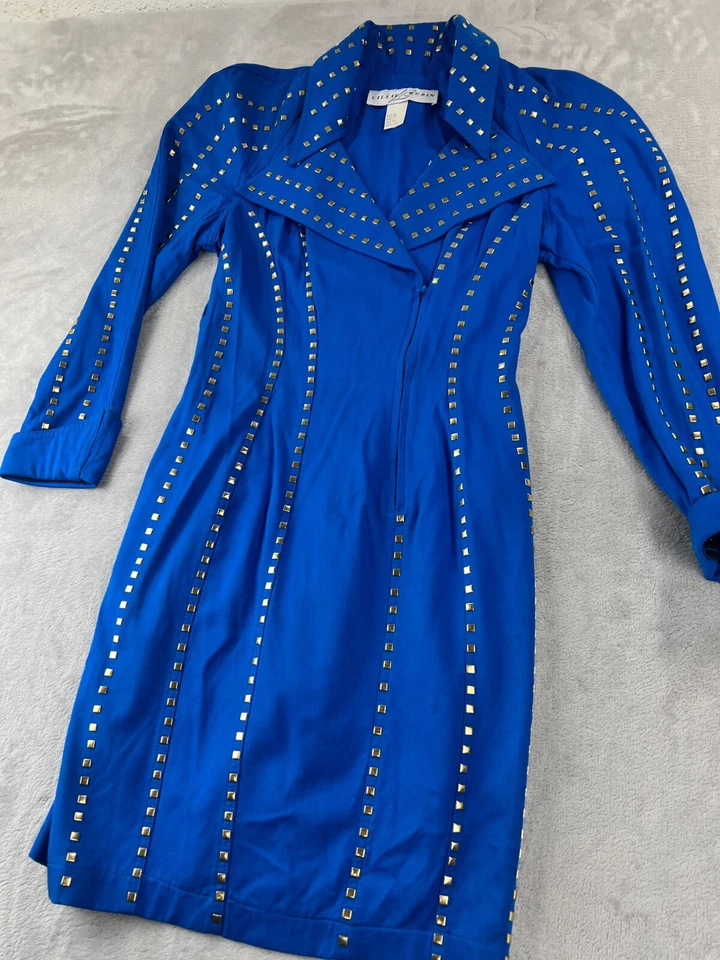 Vestido ceñido al cuerpo vintage con cuello azul rubí Lillie 10 tachuelas cóctel fiesta años 80 Foto 2 de 4