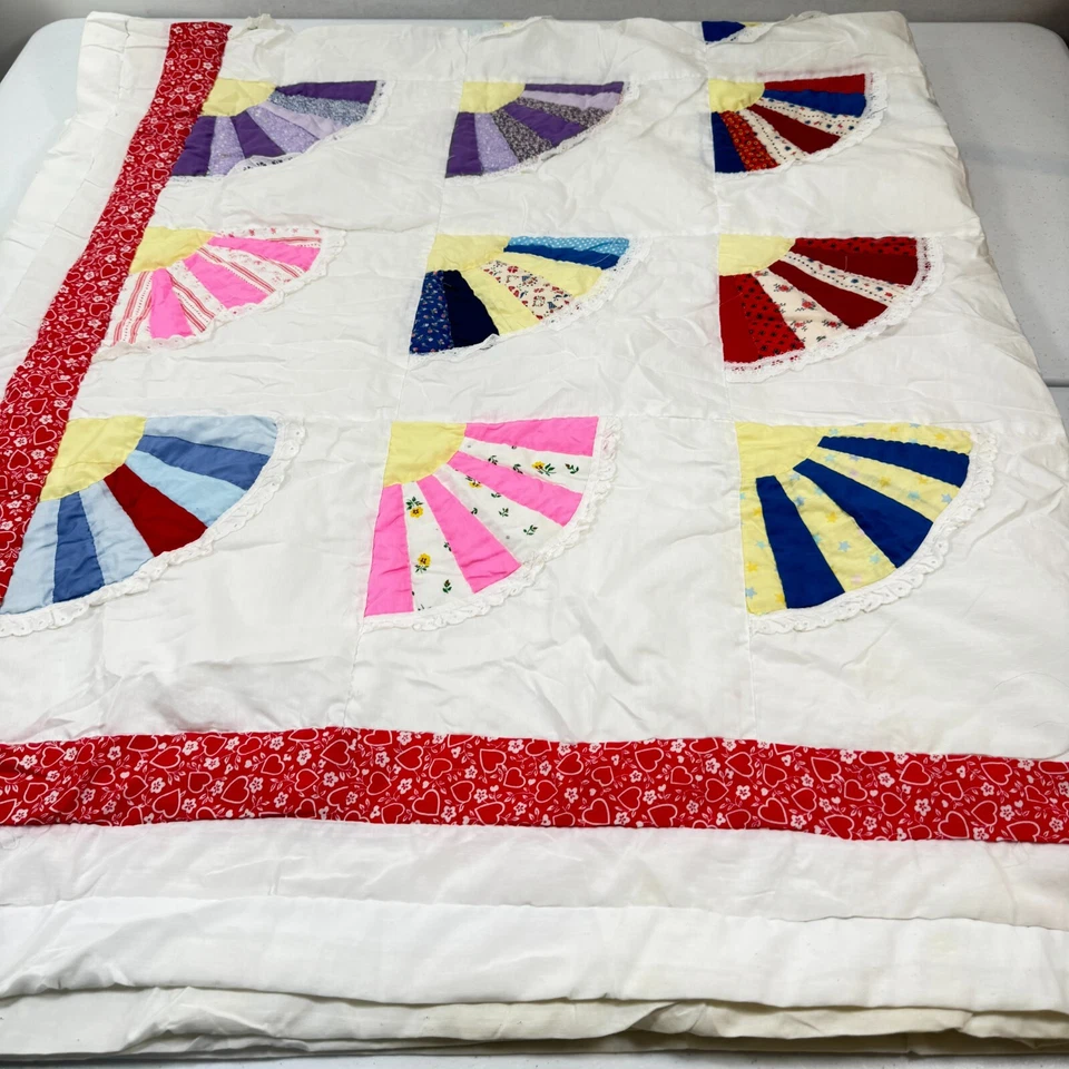 Edredón hecho a mano abanico rojo completo floral algodón rústico primitivo Foto 2 de 4