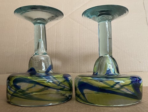 2 Mexican Hand Blown Crafted Green And Cobalt Blue Jumbo Margarita Glasses - Picture 7 of 17