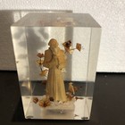 VINTAGE RELIGIOUS CARVED WOOD FIGURE IN LUCITE BLOCK PAPERWEIGHT — photo 1