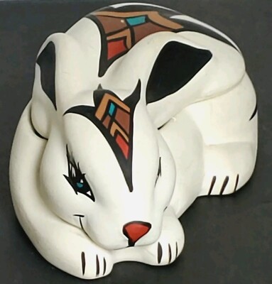 Native American Pottery Rabbit Trinket Box Handpainted Bunny Signed Grayfeather