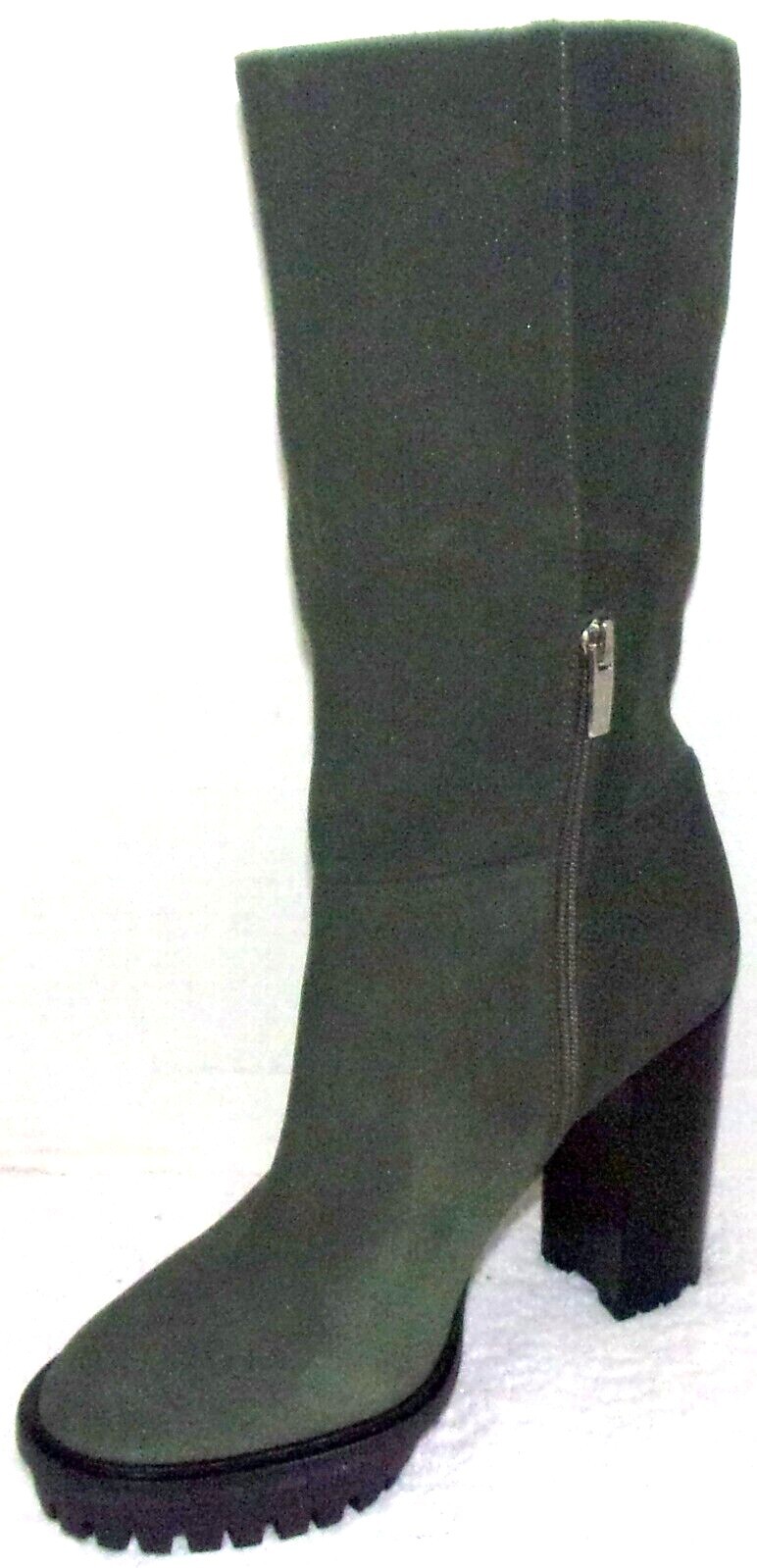 GREEN SHEEN SUEDE MID CALF HEELED BOOTS 