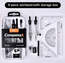9pcs Student Geometry Drawing Set ? PP Case, Compass, Ruler, Protractor, School