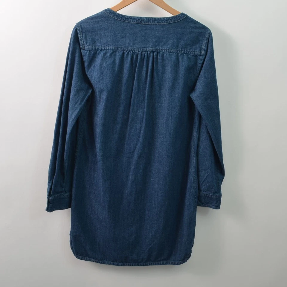 Vestido de mezclilla Express para mujer azul medio manga larga cuello en V algodón manga lengüeta Foto 2 de 4