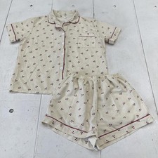 Cherry Print Pajama Set Womens L White Button Top Shorts Sleepwear Lounge